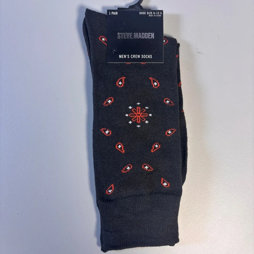 Steve Madden Mens Crew Socks‎ 6 Pack Shoe Size 6-12.5 Novelty Patterns Black
